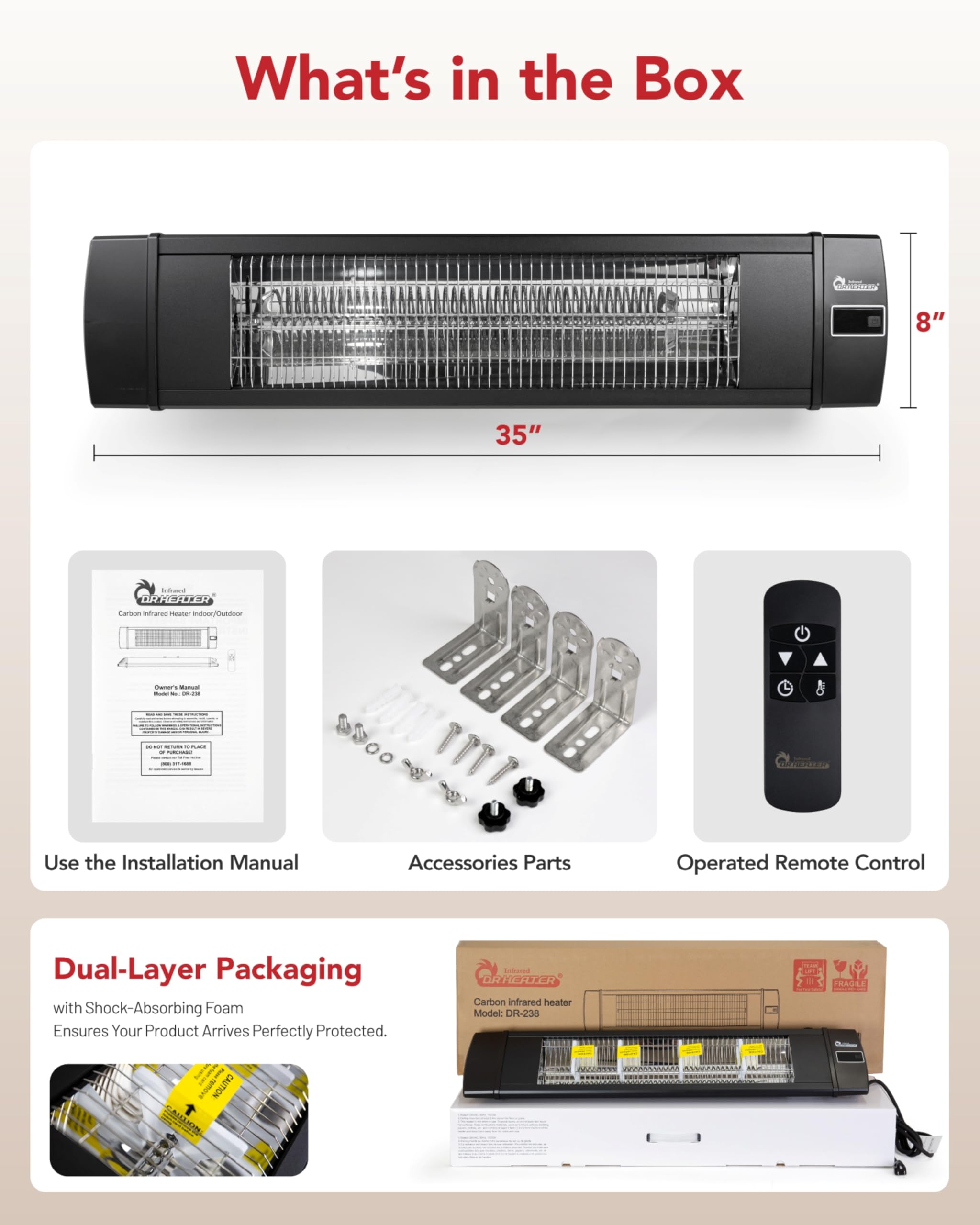 DR. INFRARED HEATER product label showing ETL and IP55 ratings for safety