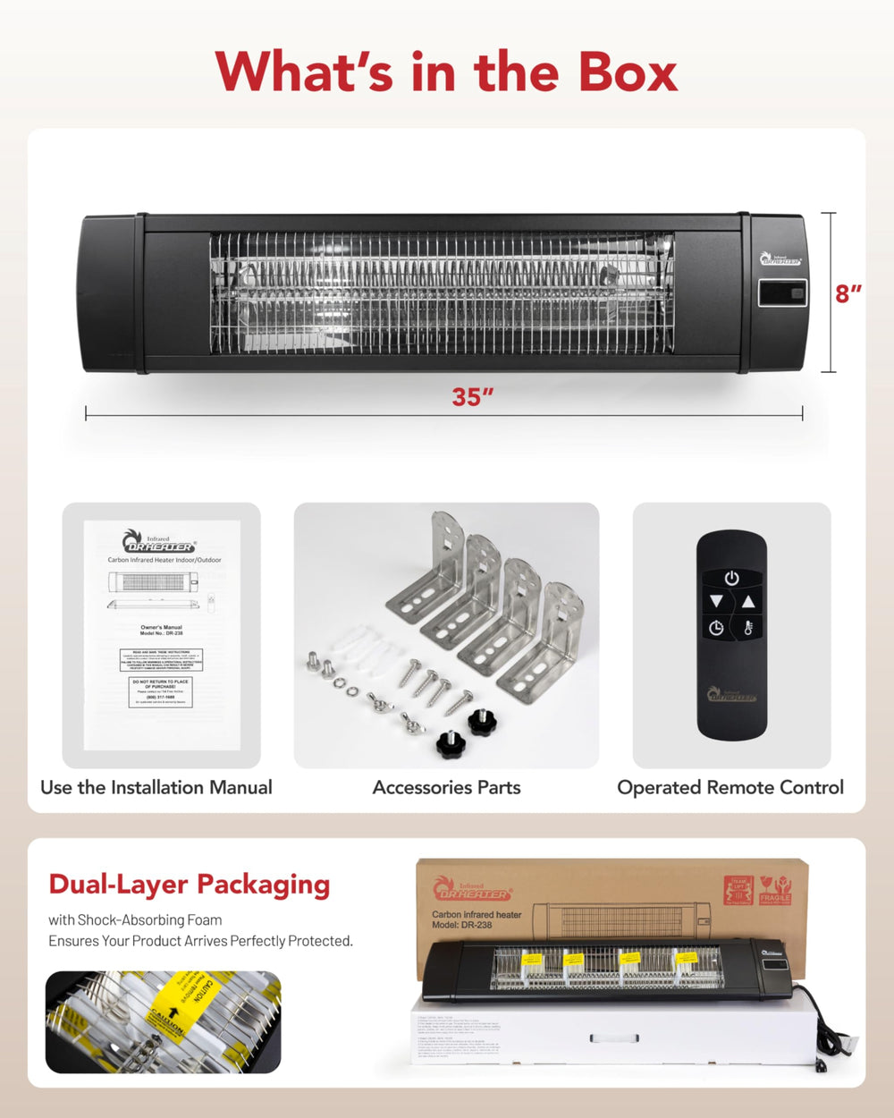 DR. INFRARED HEATER product label showing ETL and IP55 ratings for safety