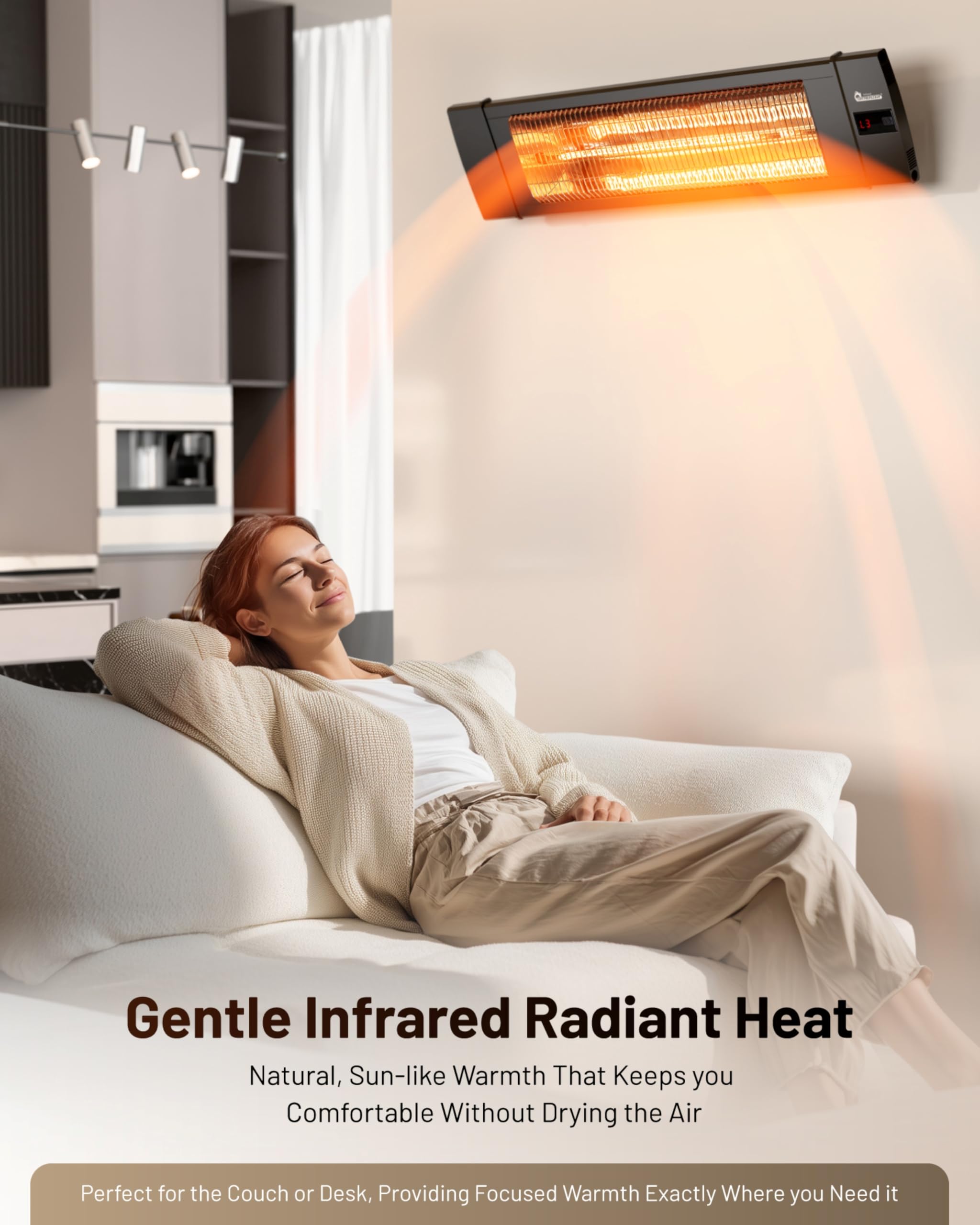 DR. INFRARED HEATER wall mounted on a patio creating comfortable seating area