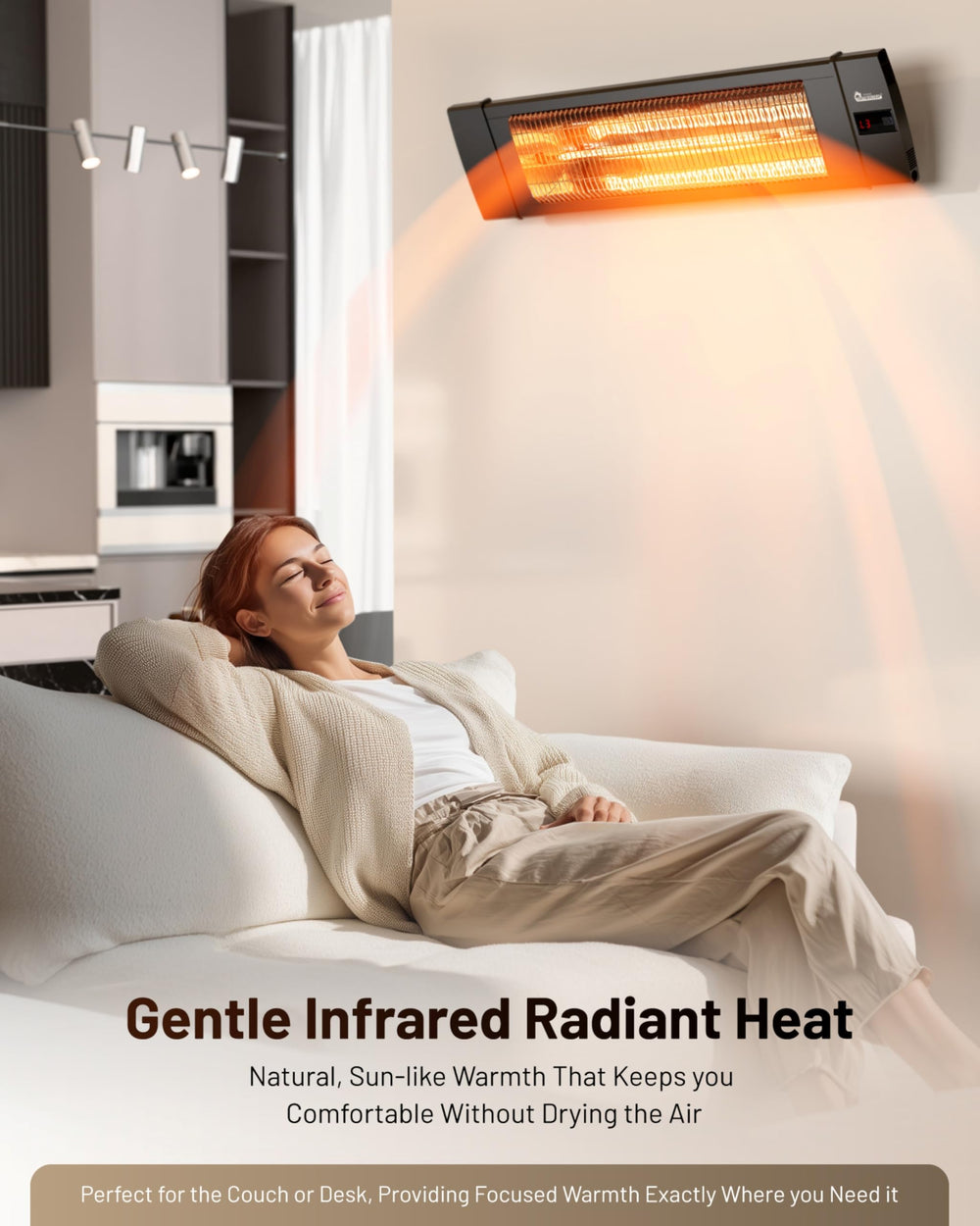 DR. INFRARED HEATER wall mounted on a patio creating comfortable seating area