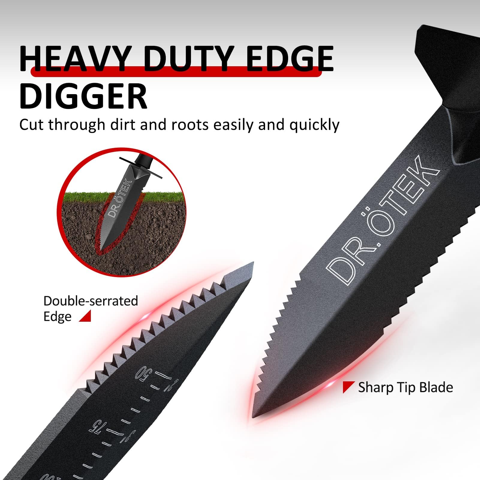 DR.ÖTEK close-up of blade double serrated edge for cutting roots efficiently