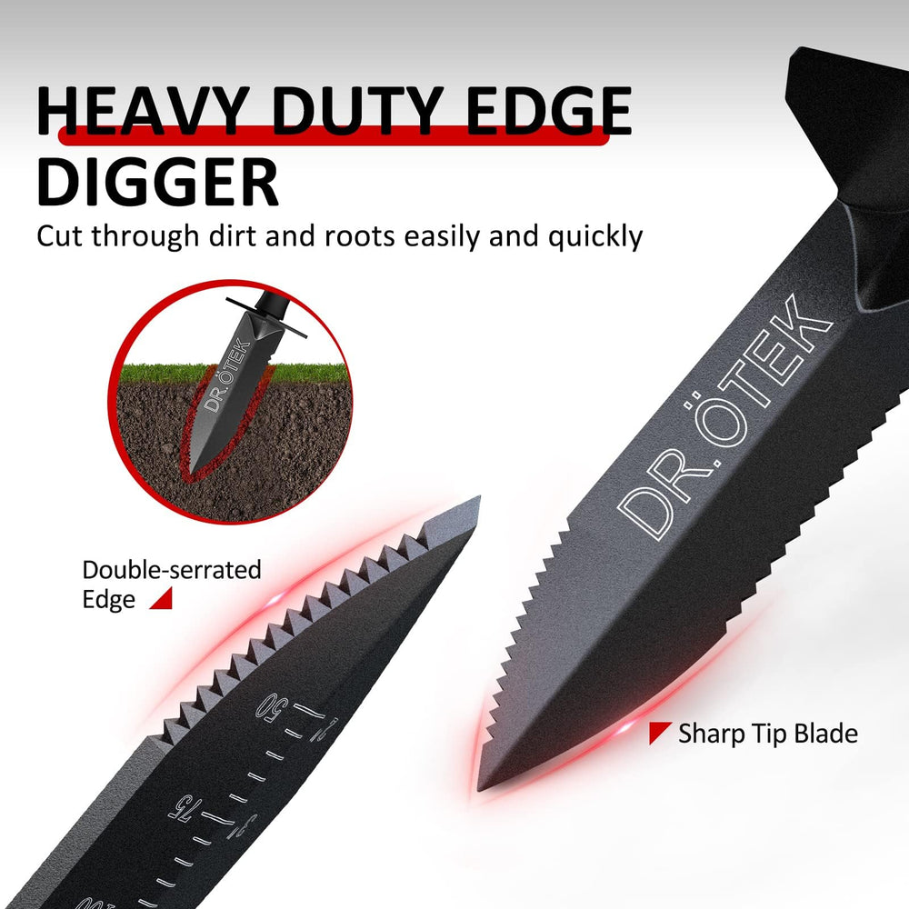 DR.ÖTEK close-up of blade double serrated edge for cutting roots efficiently
