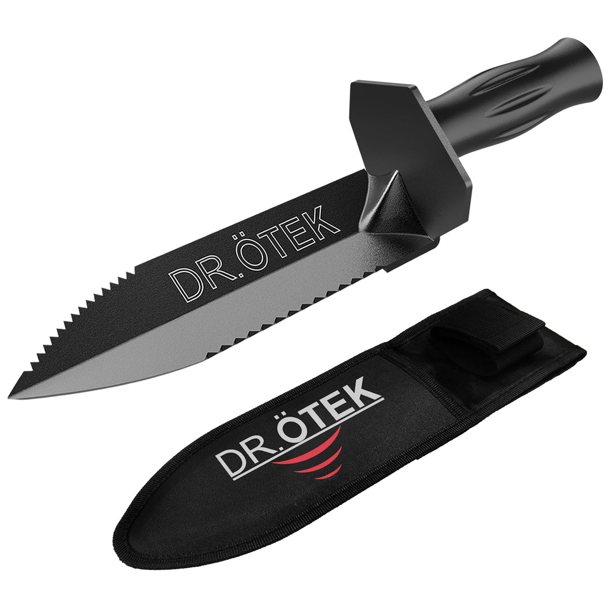 DR.ÖTEK front view of shovel with sheath showing portability and protection