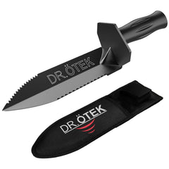 DR.ÖTEK front view of shovel with sheath showing portability and protection