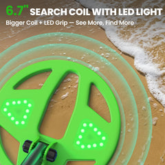 DR.ÖTEK illuminated 6.7-inch coil lighting the ground for low-light treasure hunting