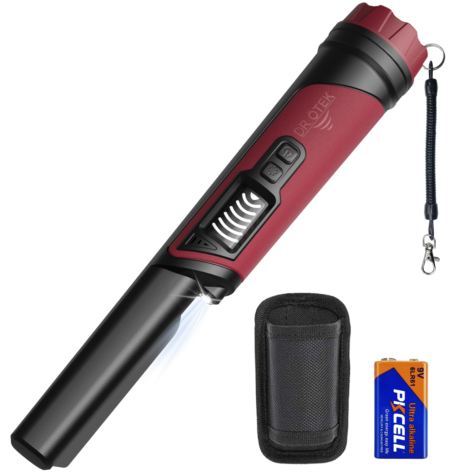DR.ÖTEK pinpointer front view showing controls and ergonomic grip for comfortable detecting