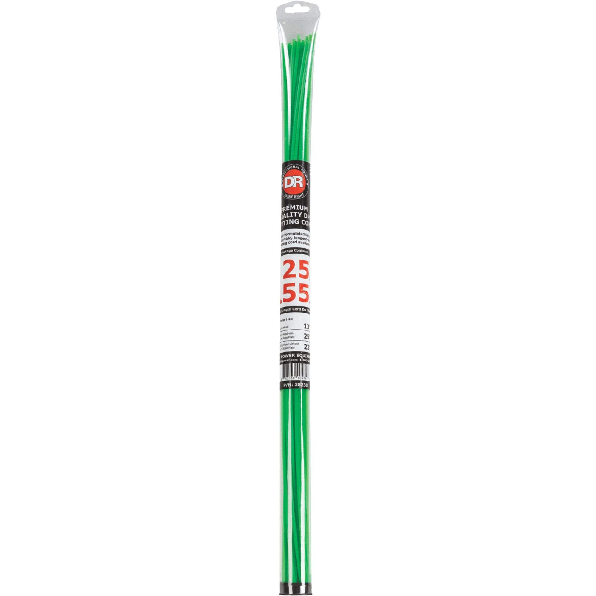 DR POWER EQUIPMENT front packaging showing 24 pre-cut green .155 trimmer cords, easy-install benefit