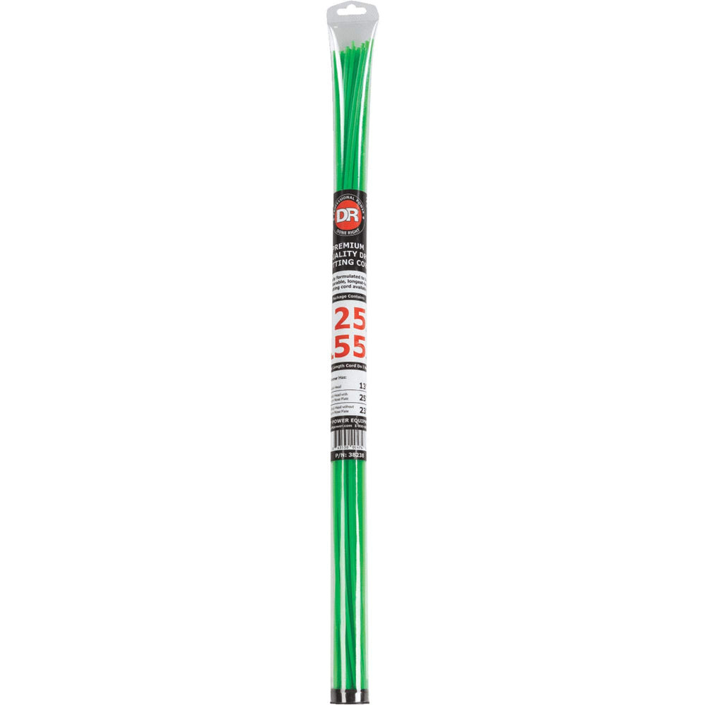 DR POWER EQUIPMENT front packaging showing 24 pre-cut green .155 trimmer cords, easy-install benefit