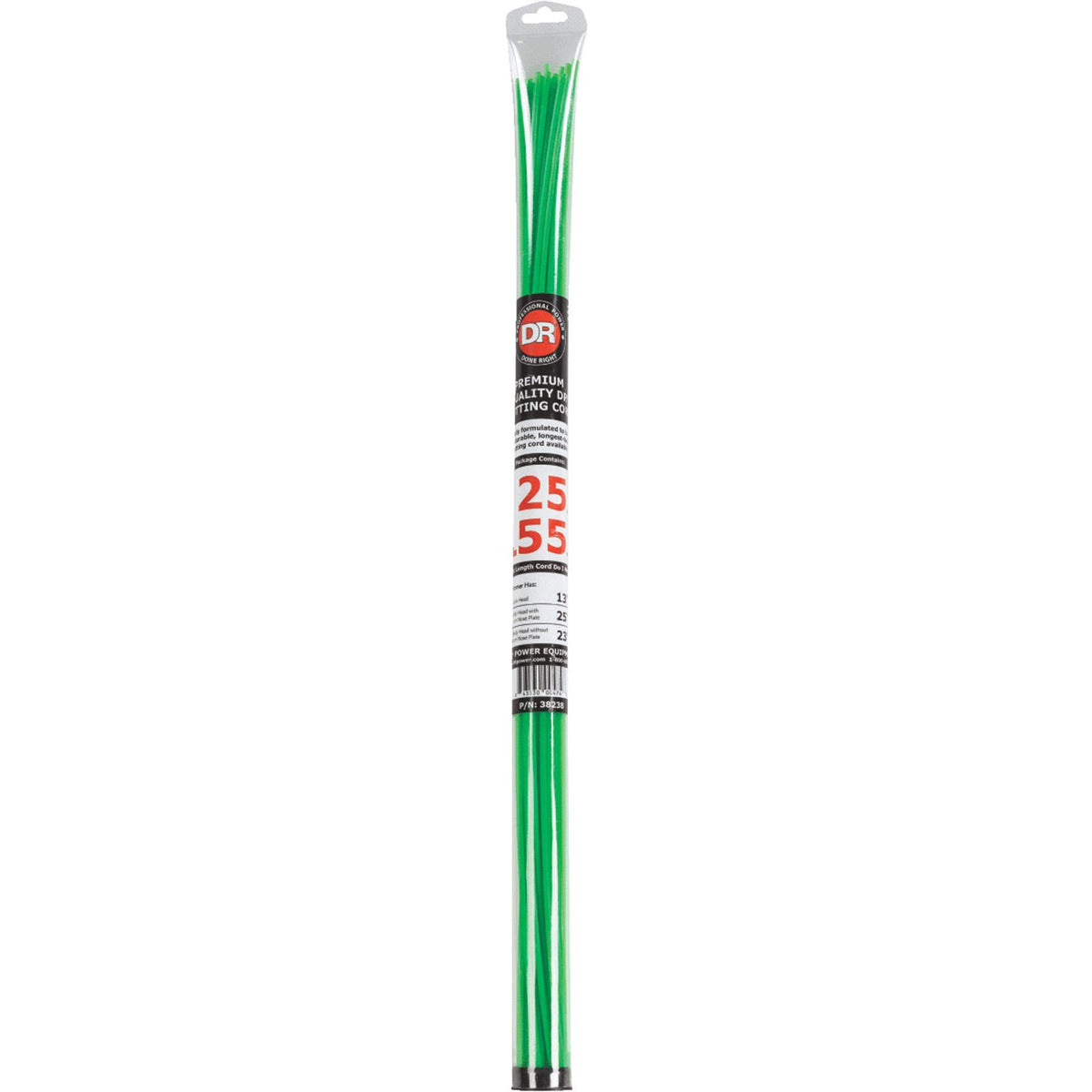 DR POWER EQUIPMENT front packaging showing 24 pre-cut green .155 trimmer cords, easy-install benefit