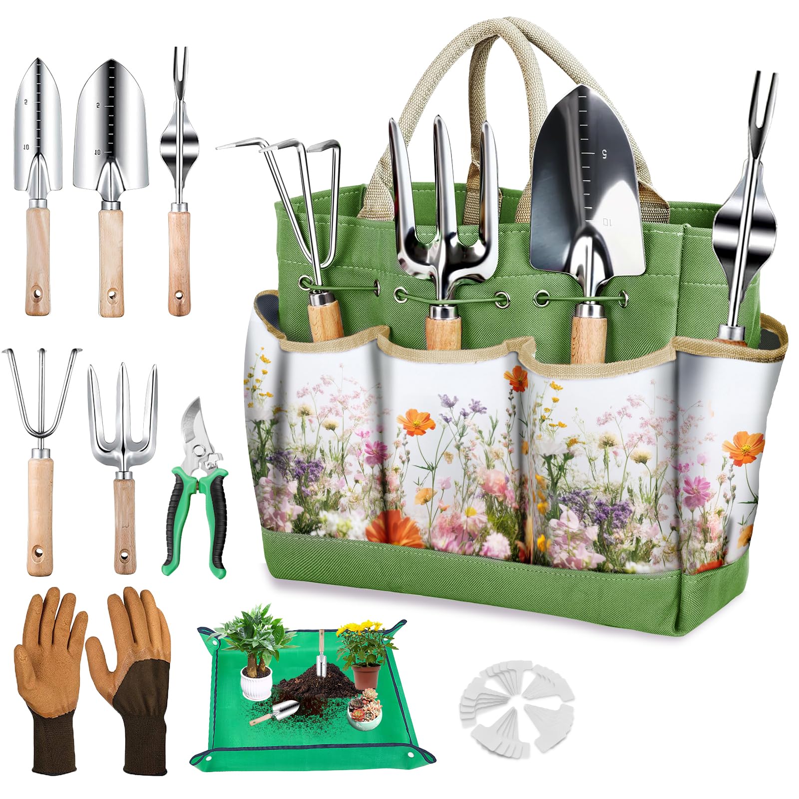 Drametic+ tool set front view showing complete 29-piece kit and tote for organized gardening