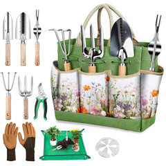 Drametic+ tool set front view showing complete 29-piece kit and tote for organized gardening