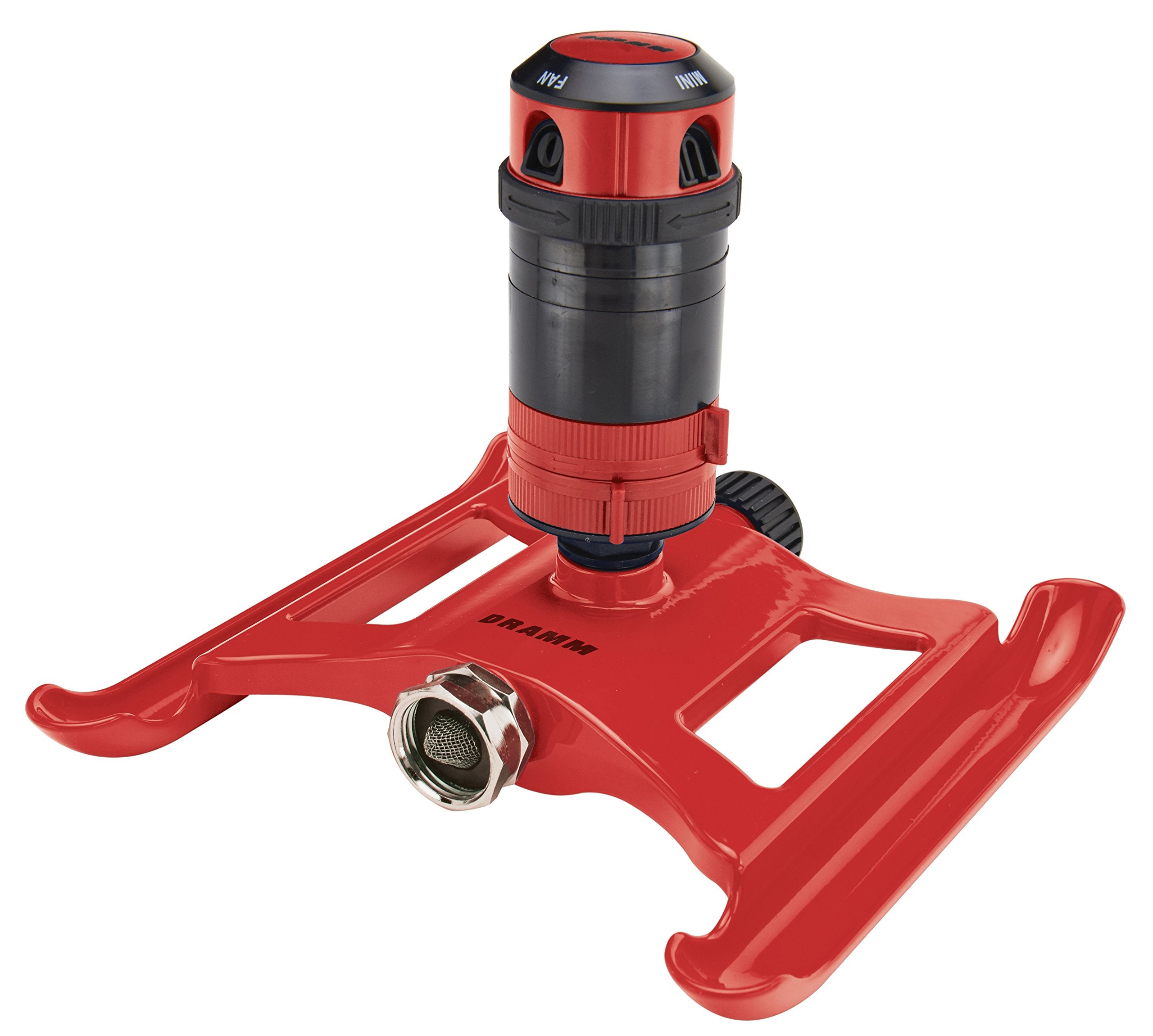 Dramm front view showing compact sprinkler and visible red finish for easy location
