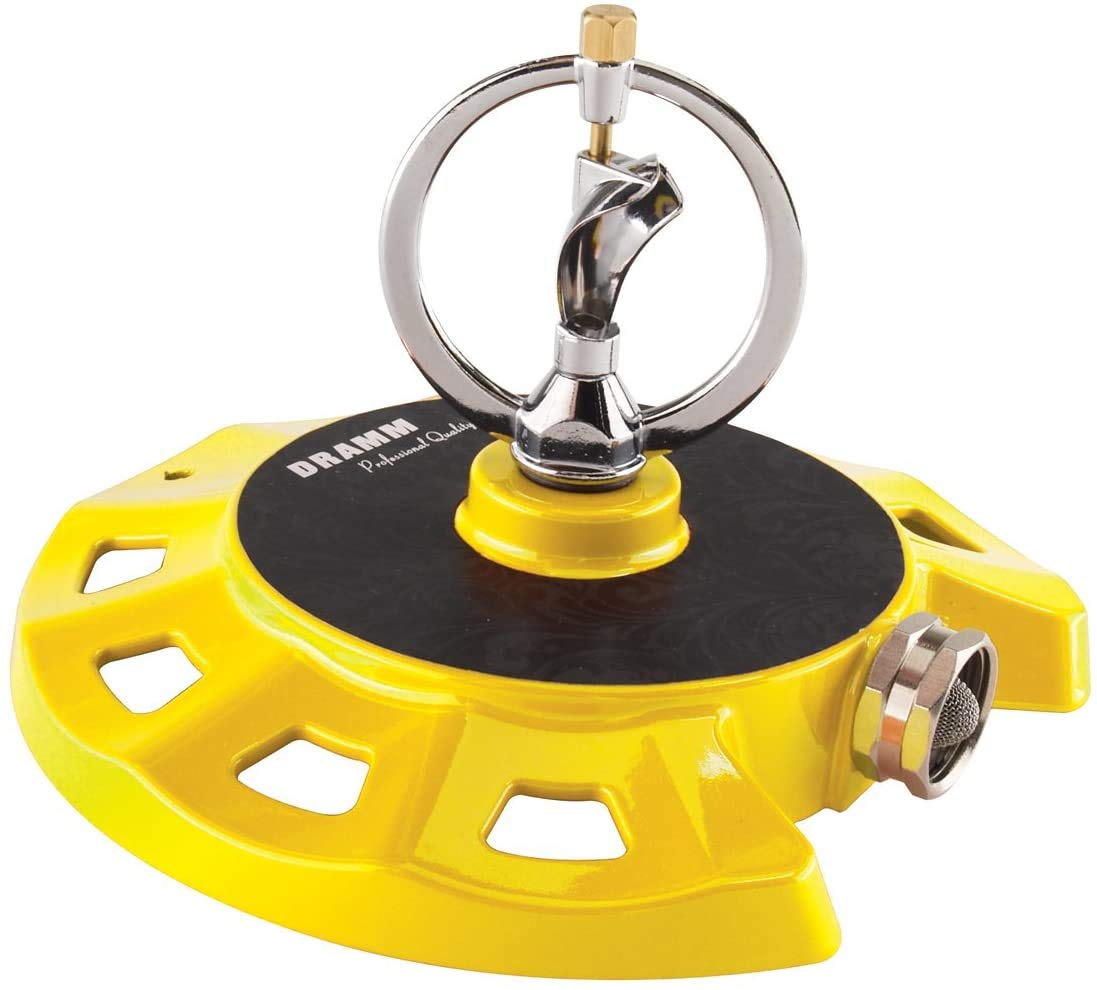 Dramm ColorStorm sprinkler in use on lawn showing circular 38-foot coverage for even garden hydration