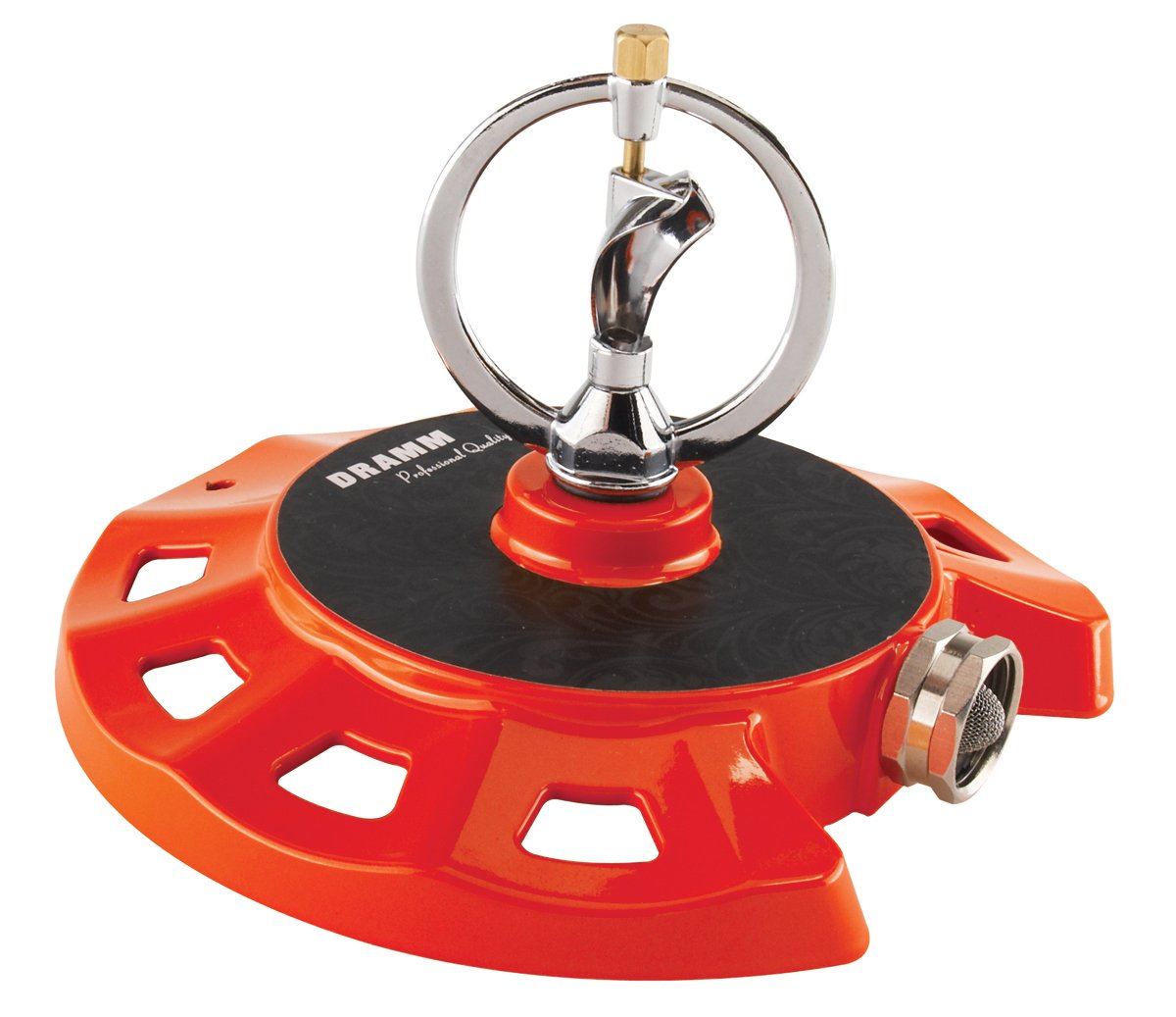 Dramm ColorStorm red front view showing colorful rotating sprinkler, enhances garden aesthetics