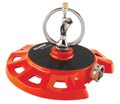 Dramm ColorStorm red front view showing colorful rotating sprinkler, enhances garden aesthetics