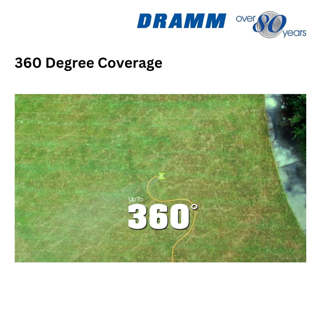 Dramm ColorStorm next to garden hose for scale to show compact, portable design