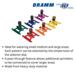 Dramm sprinkler spraying a wide arc to cover large lawn area efficiently
