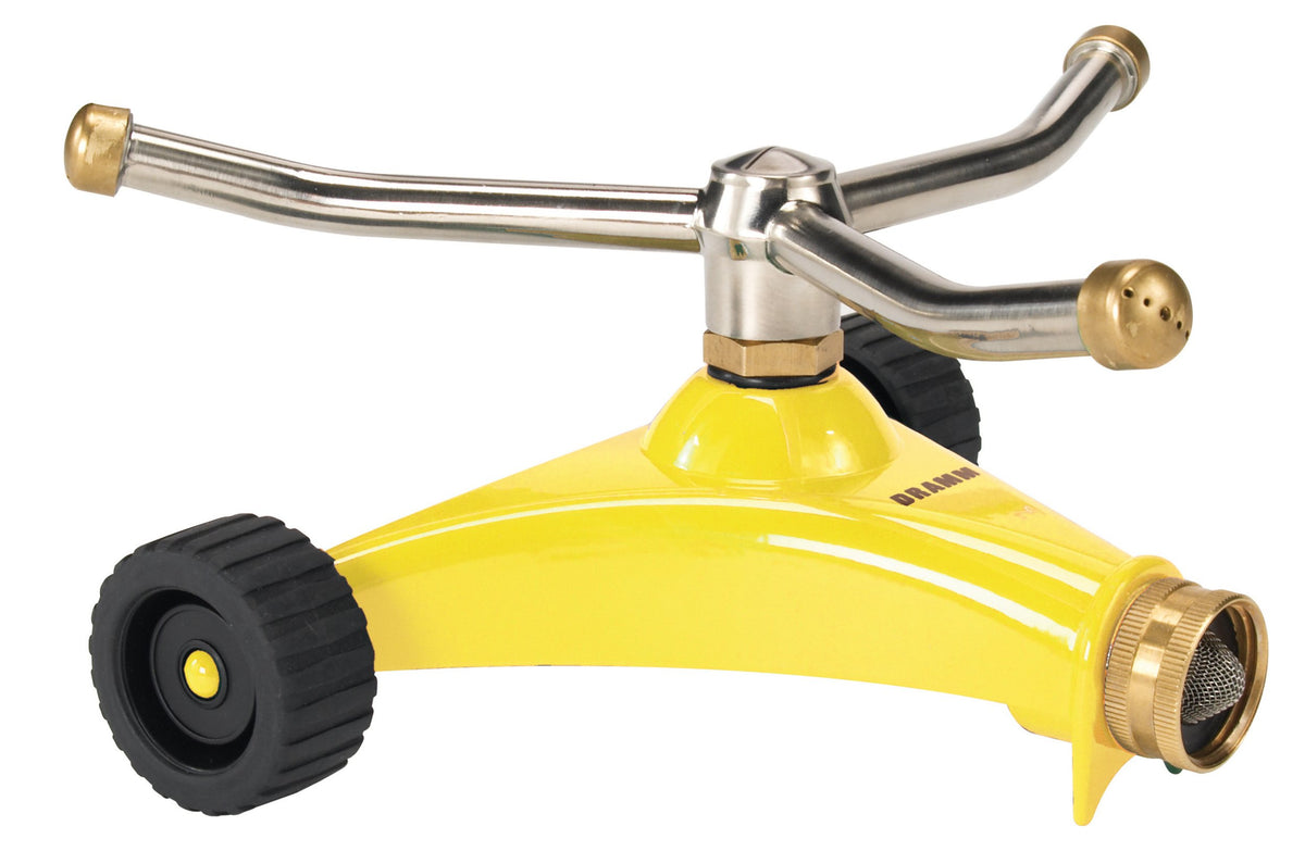 Dramm ColorStorm sprinkler front view showing sturdy metal base and wheeled mobility
