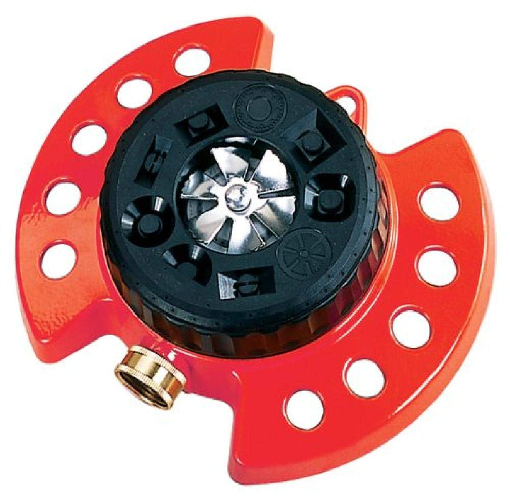 Dramm ColorStorm turret front view showing red finish and stable design for attractive watering