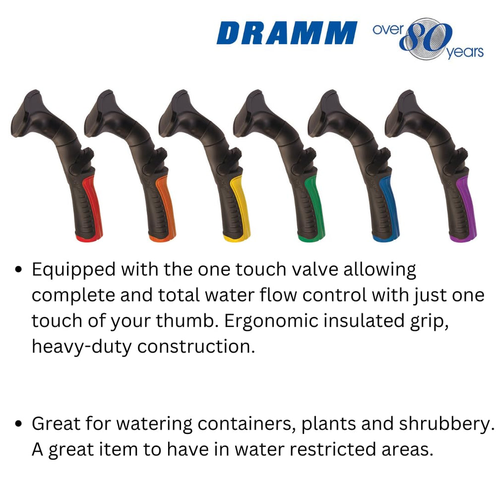 Dramm nozzle shown in hand for scale and comfortable ergonomic grip