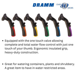 Dramm nozzle shown in hand for scale and comfortable ergonomic grip