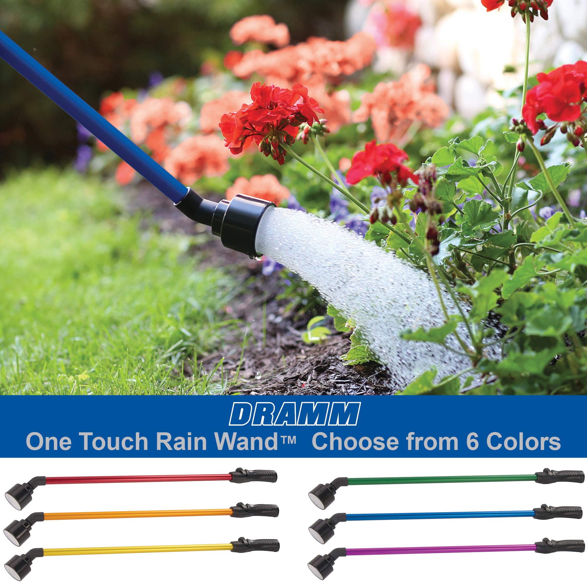 Dramm One Touch Rain Wand nozzle spray pattern showing gentle shower benefit
