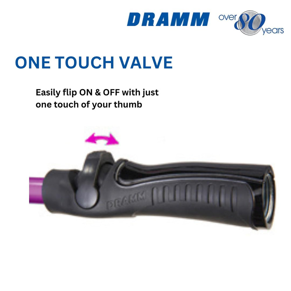 Dramm RainSelect beside a hand and pot showing 16-inch size and comfortable grip