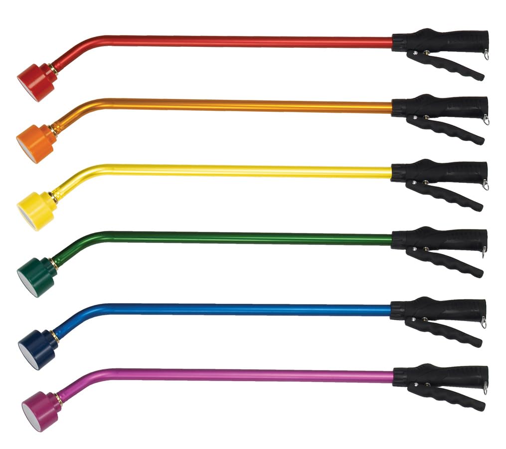 Dramm wand beside hose and hand for scale, lightweight and easy to maneuver