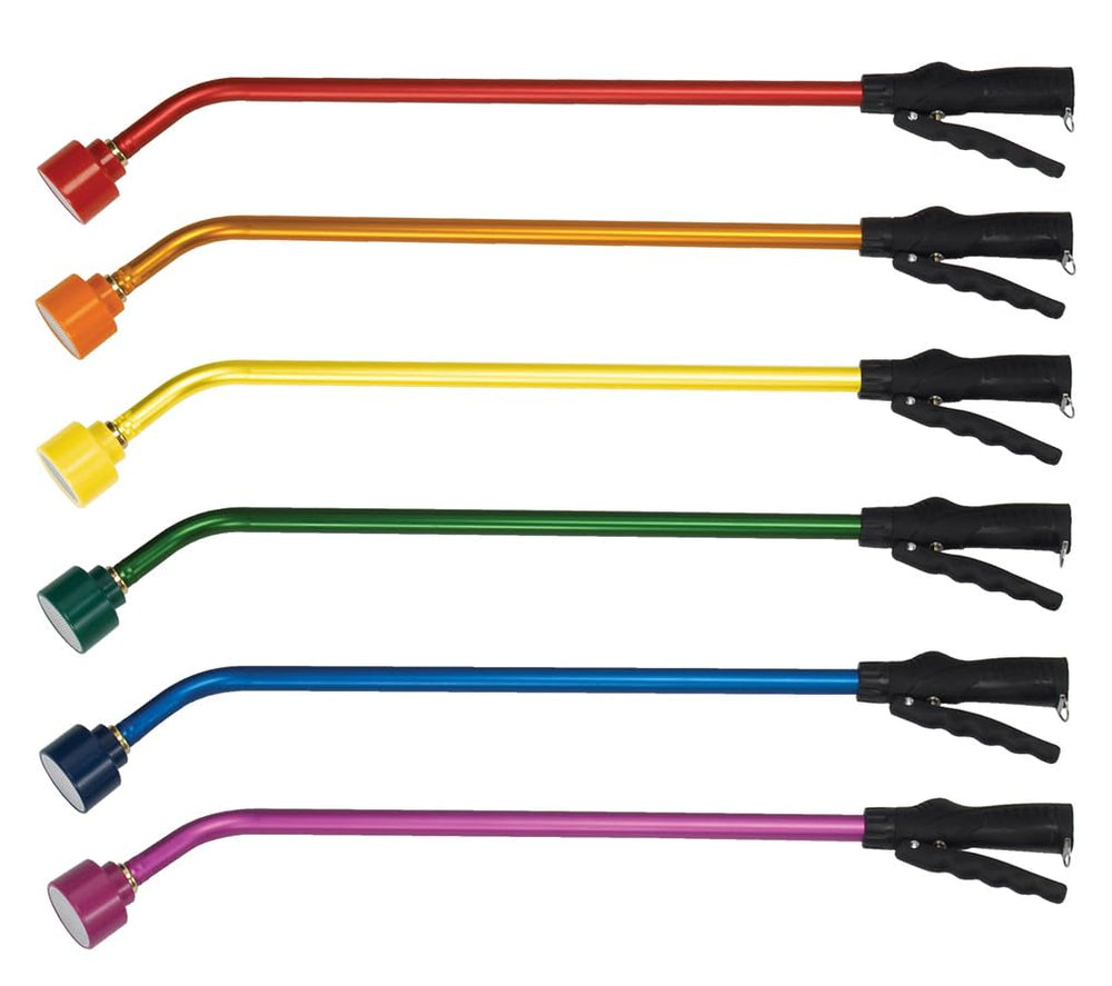 Dramm wand beside hose and hand for scale, lightweight and easy to maneuver