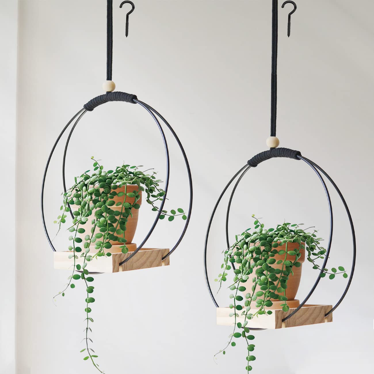 Dravmola front view of two black macrame plant hangers showing modern decor appeal