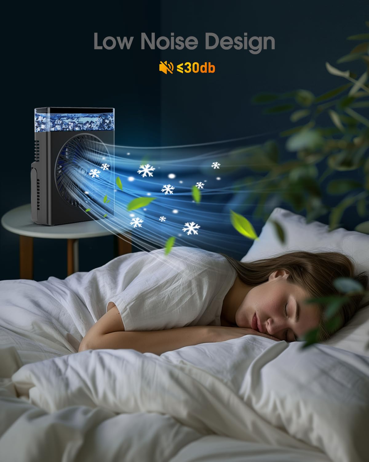 Drchop on bedroom nightstand demonstrating quiet operation for sleep