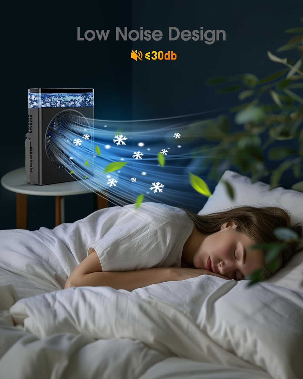 Drchop on bedroom nightstand demonstrating quiet operation for sleep