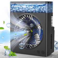 Drchop front view of misting fan showing controls and compact benefit