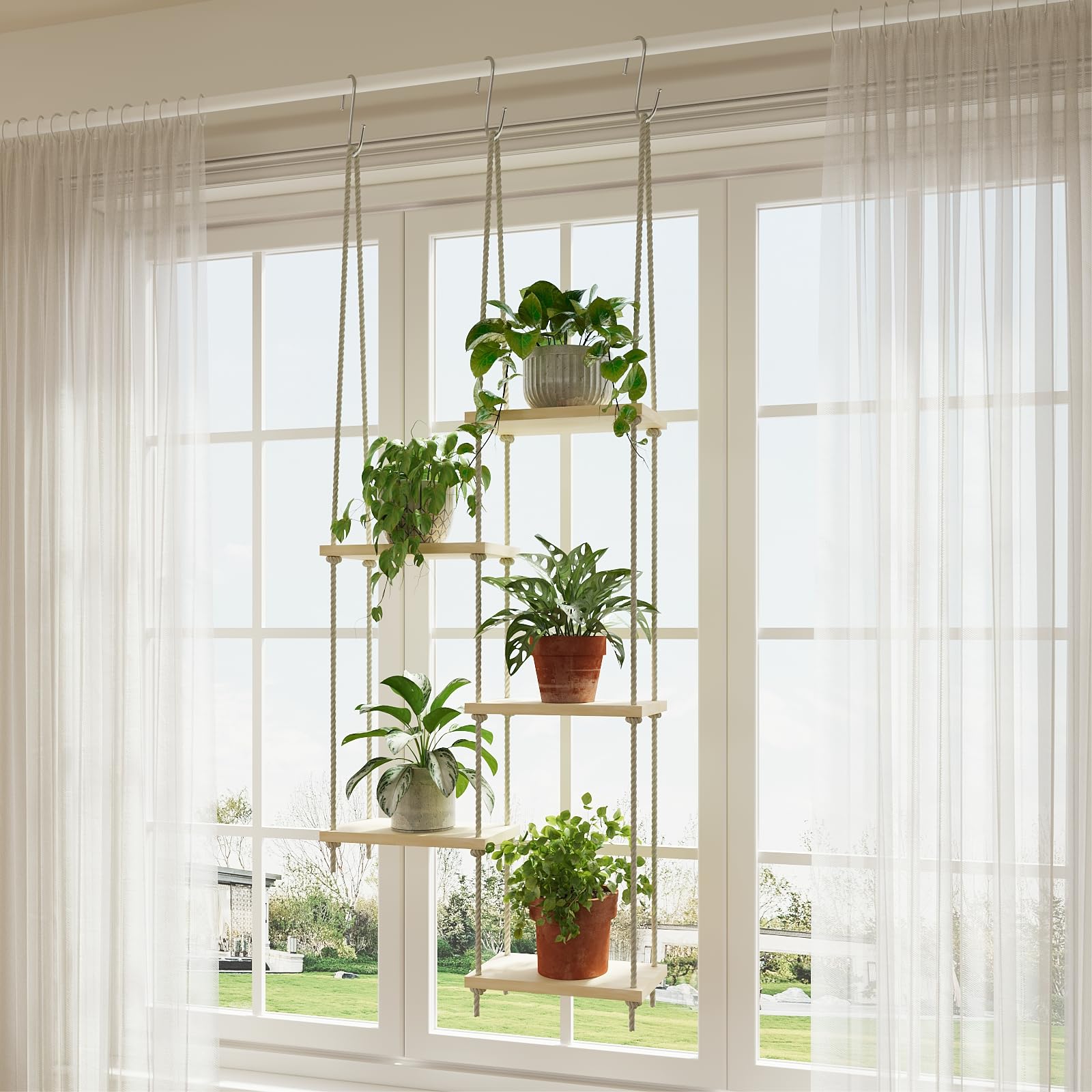Drconox front view of 5-tier hanging plant shelves showing compact storage benefit