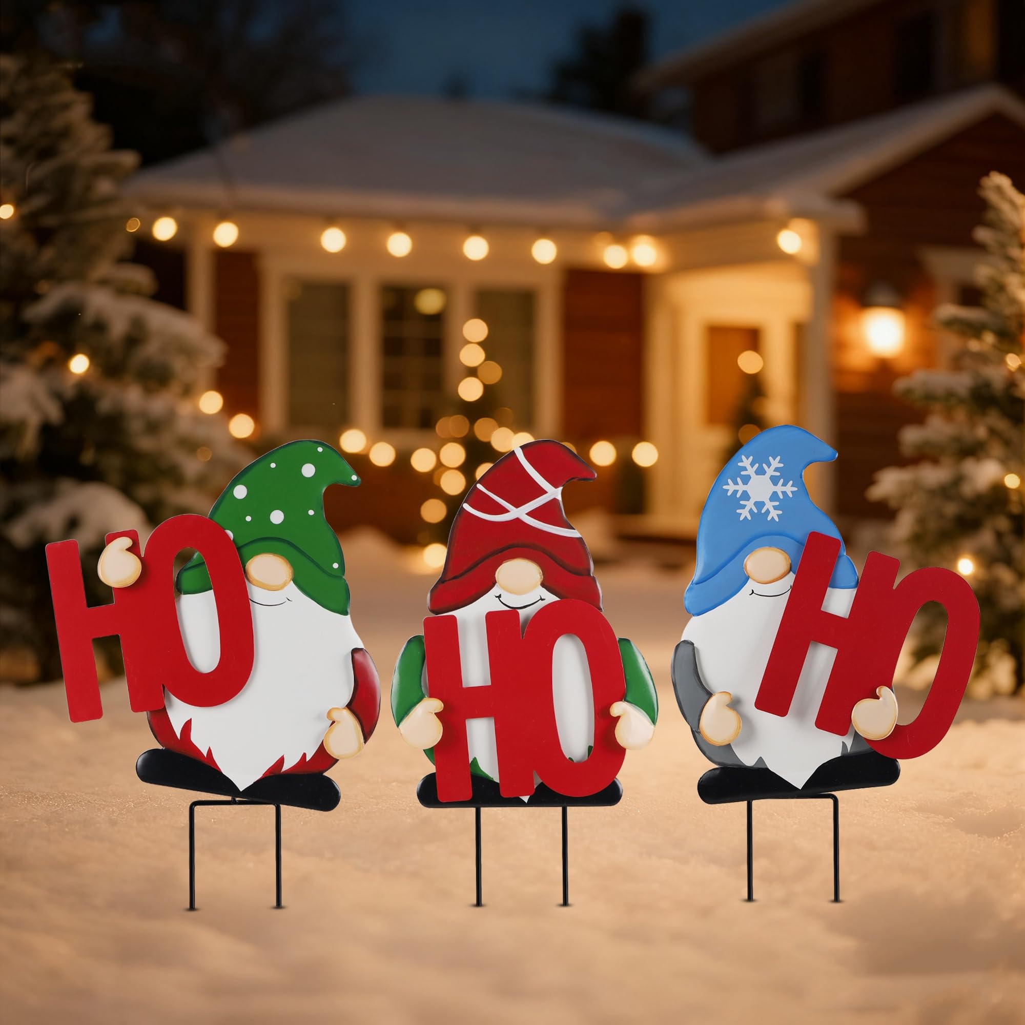 DR.DUDU stacked vertical gnomes in yard creating tall visible holiday marker benefit