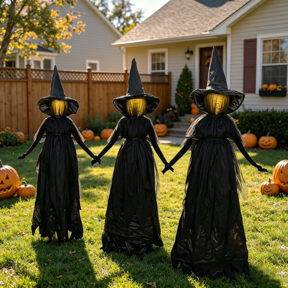 DR.DUDU front view of three witch stakes showing height and design, adds spooky curb appeal