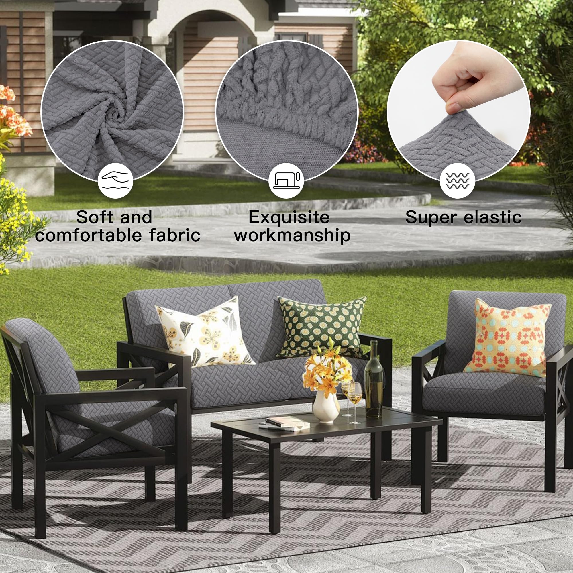 DREAHOTEXTIL cushion cover in use on patio sofa showing stylish weather-ready seating