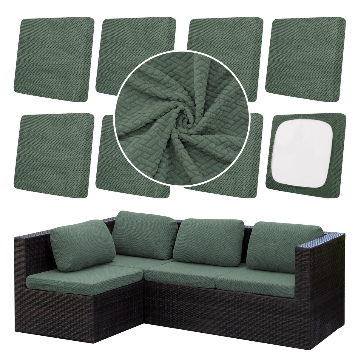 DREAHOTEXTIL front view of 8-pack patio cushion covers showing full set and packaging, fast refresh benefit