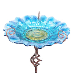 DREAM GARDEN front view of blue glass birdbath showing decorative bowl and stake, enhancing curb appeal