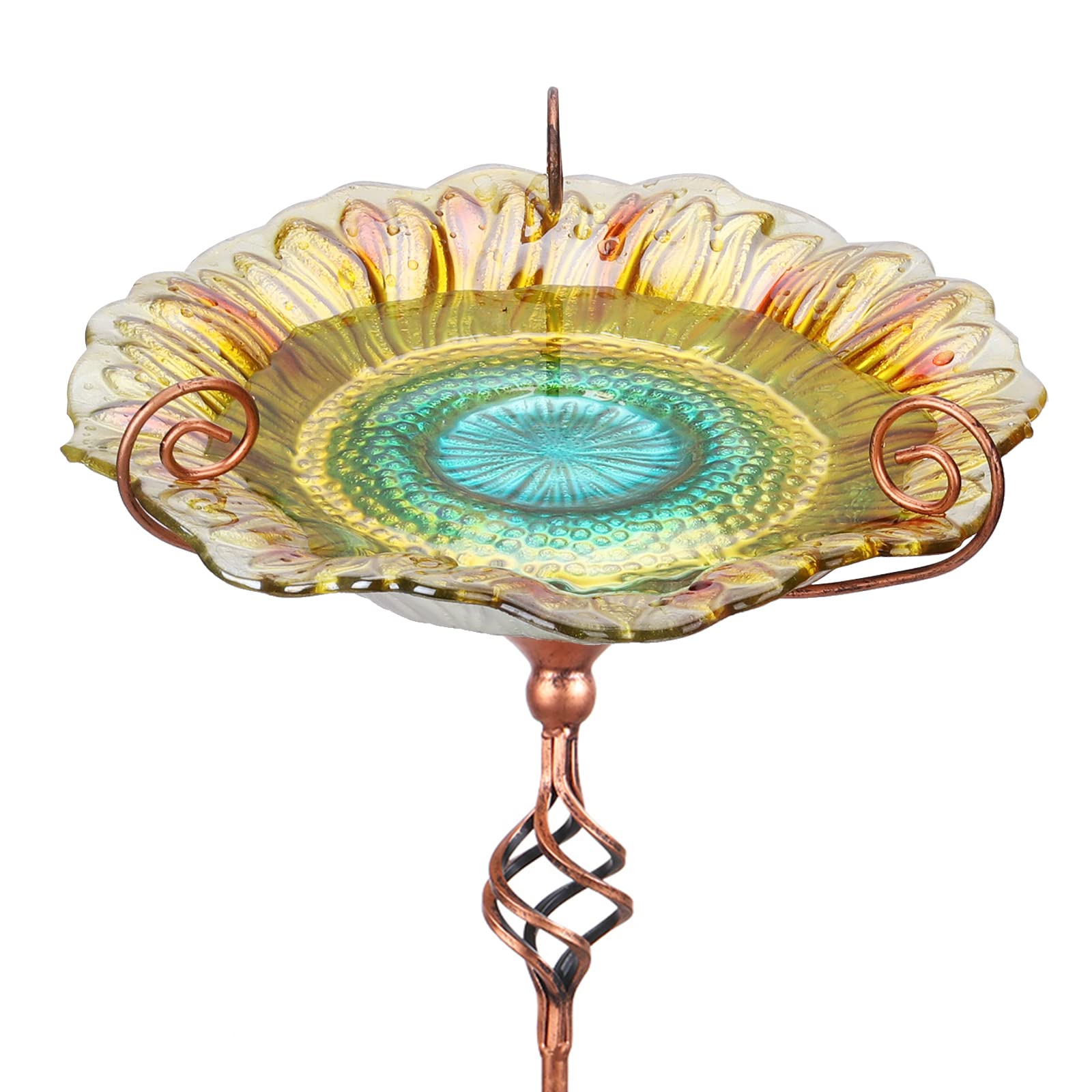 DREAM GARDEN front view showing full glass bird bath and stake, adds garden charm