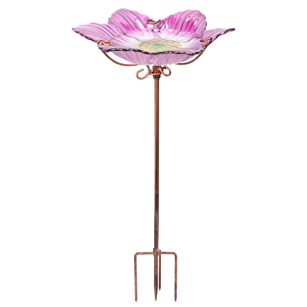 DREAM GARDEN front view of pink glass bird bath showing decorative appeal and curb impact