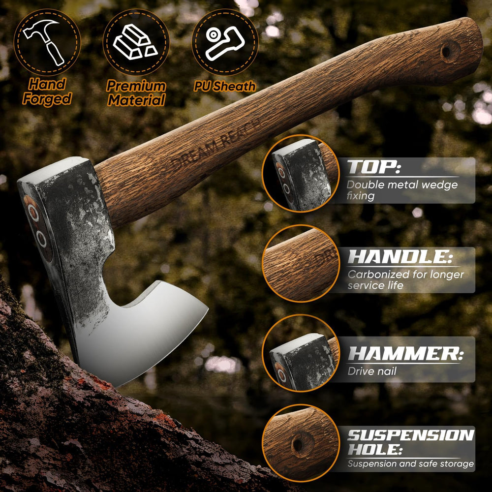 Dream Reach hatchet splitting kindling at campsite demonstrating practical outdoor utility