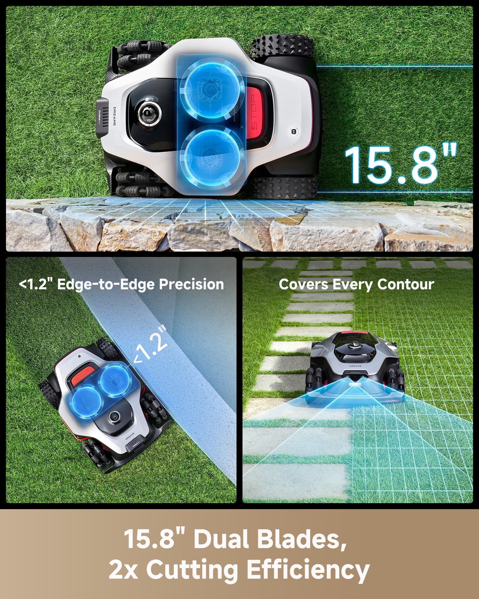 dreame mower beside tape measure displaying 15.8-inch cutting width