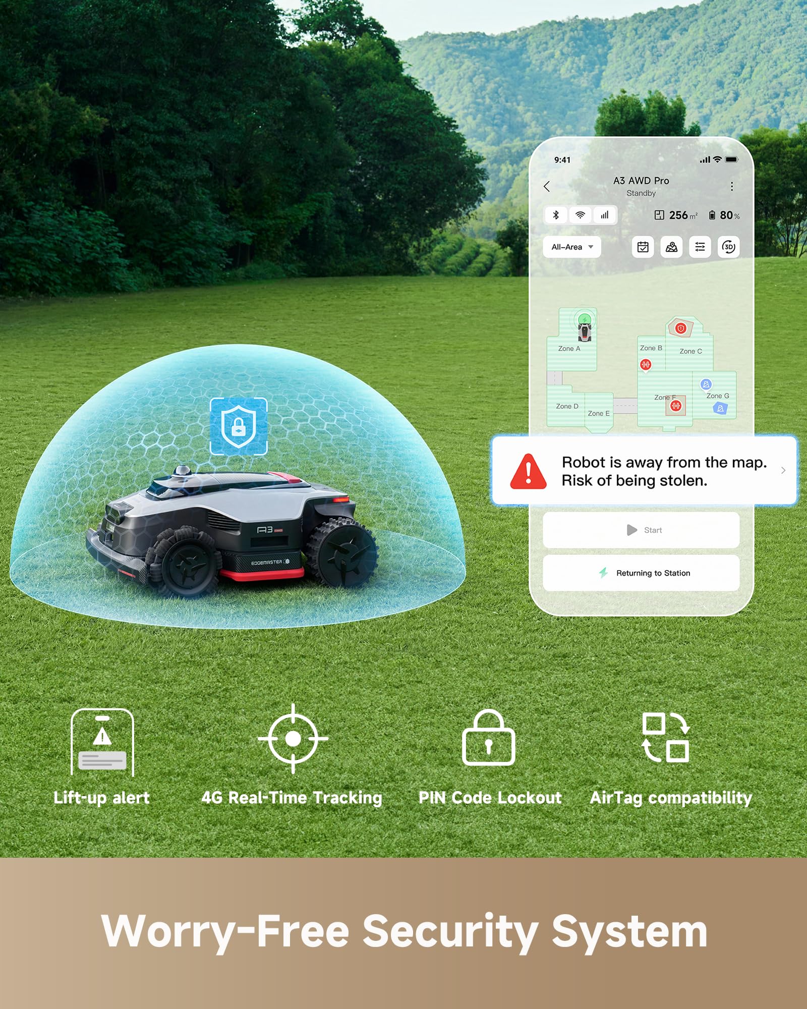 dreame mower in backyard mowing near trees showing quiet automated care