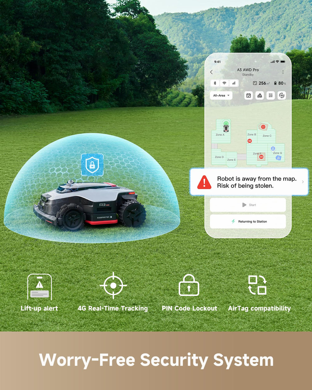 dreame mower in backyard mowing near trees showing quiet automated care