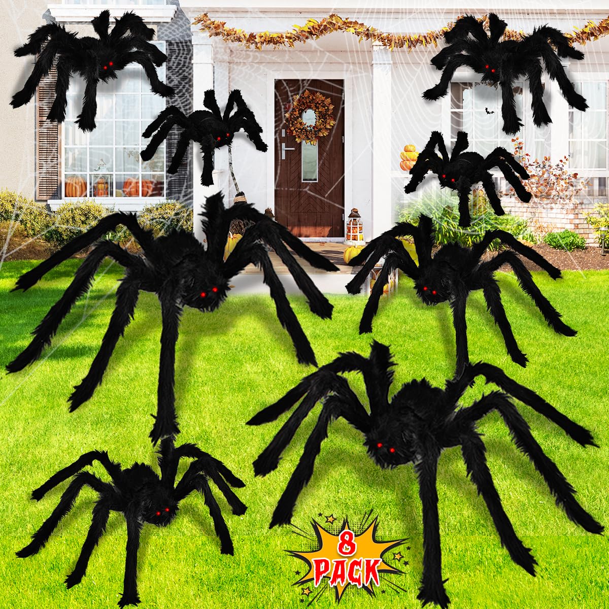 Dreampark spiders front view showing eight-piece set for dramatic Halloween curb appeal