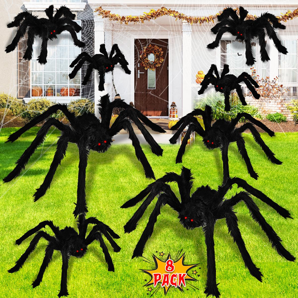 Dreampark spiders front view showing eight-piece set for dramatic Halloween curb appeal