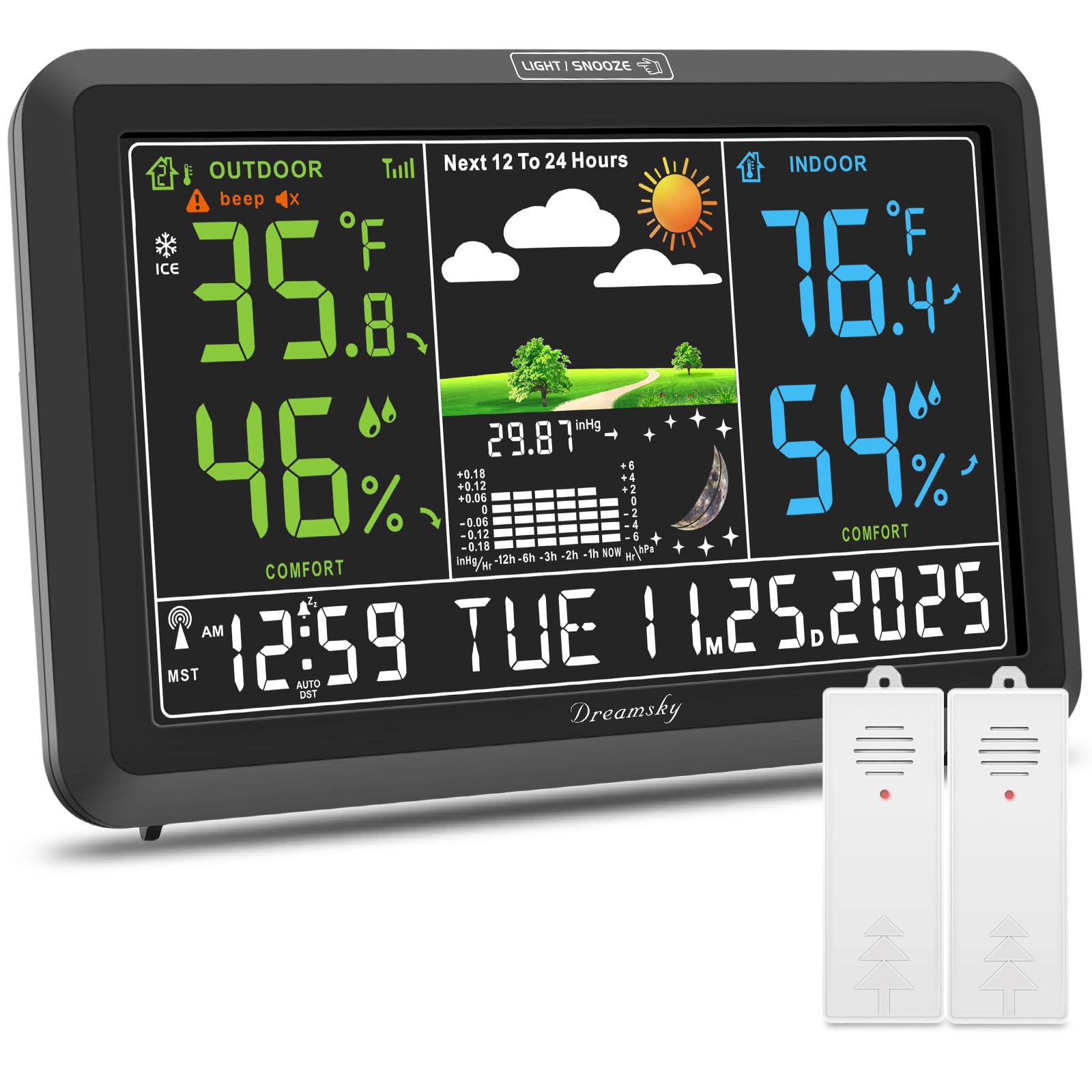 DreamSky front display showing clear time and weather, easy reading benefit