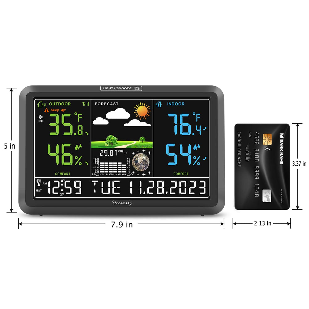 DreamSky unit on kitchen counter giving family-ready weather and atomic time