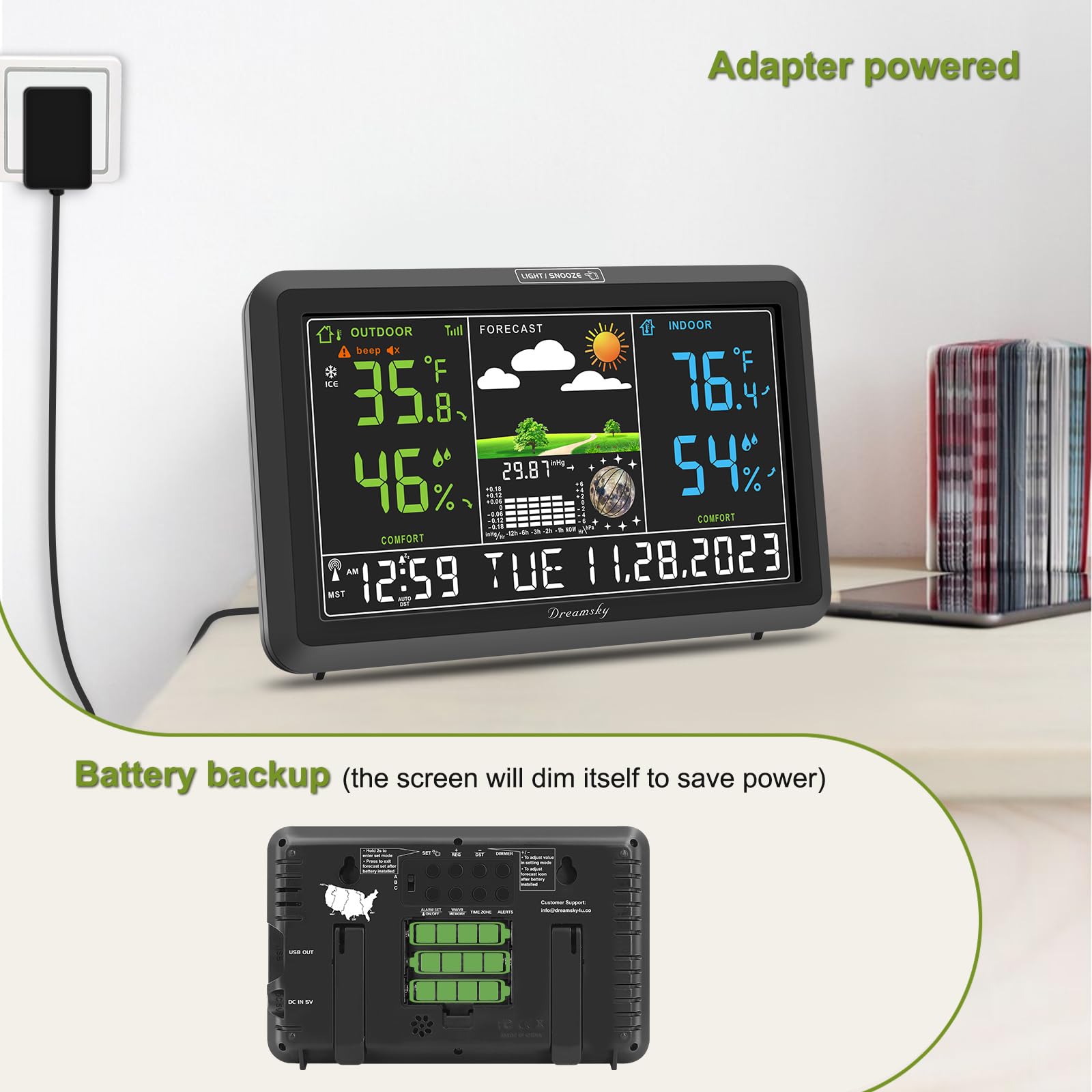 DreamSky dimmed night display with soft backlight to avoid sleep disturbance